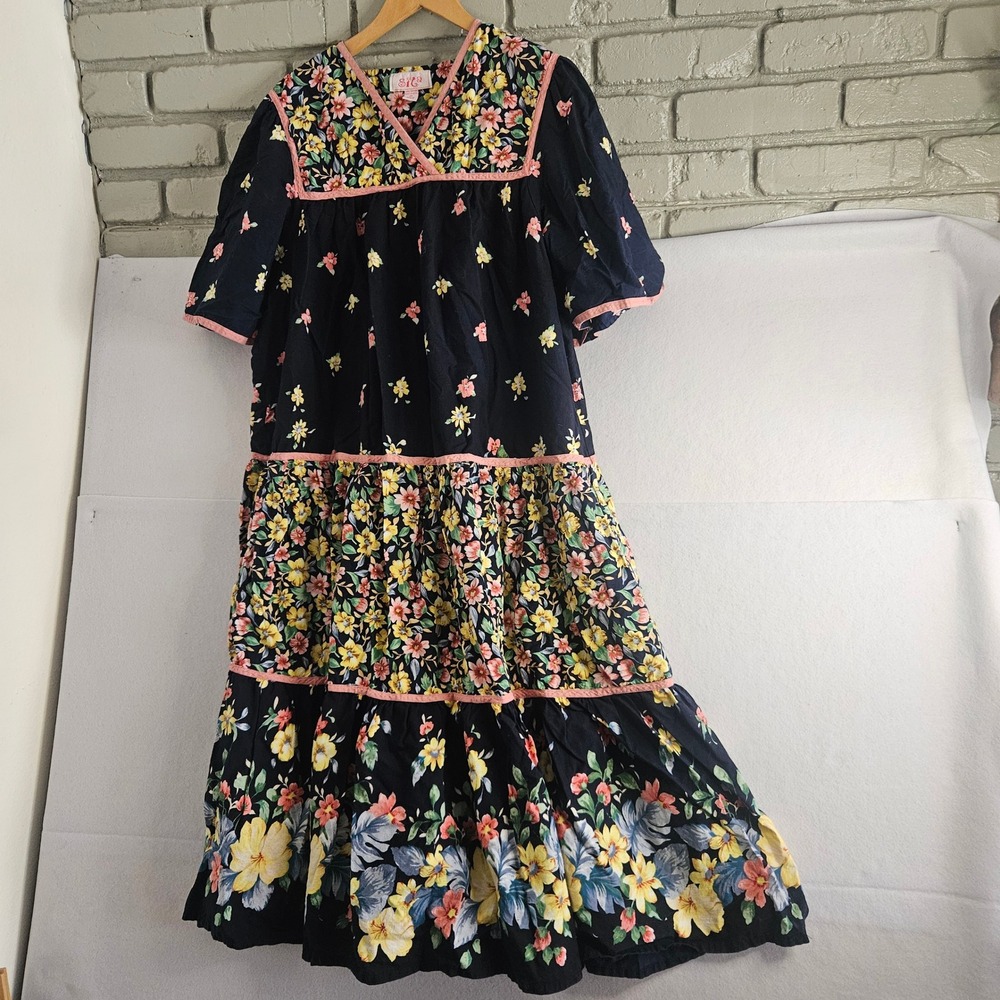 Sita Floral Tiered Maxi Dress 2X Black Pink Cotton Boho Cottagecore Nepal